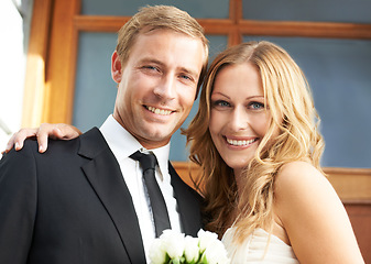 Image showing Love, romance and portrait of couple with flower bouquet and smile for valentines day, luxury date or wedding. Flowers, man and woman dressed in elegant clothing to celebrate special valentine event.