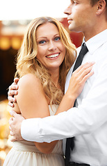 Image showing Love, couple and hug at party, smile and celebration for wedding, relationship and happiness for romance. Portrait, man and woman embrace, romantic or excited for marriage, loving or bonding together