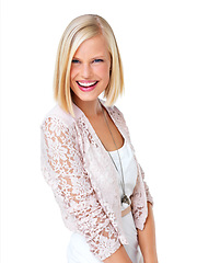 Image showing Portrait, happy and woman with fashion, style and beauty smiling isolated against a studio white background. Happiness, excited and young female model confident with a positive mindset