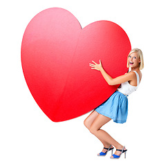 Image showing Love, emoji and portrait of woman with red heart in studio for valentines day, poster or board on an isolated white background. Hope, shape and girl model holding icon, billboard or message and sign