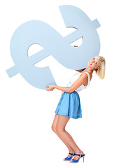 Image showing Portrait of woman holding dollar sign, increase saving and investment profit or startup finance loan isolated on white background. Money, budget and economic success with financial freedom in studio.