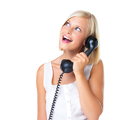 Image showing Telephone, phone and mockup with shocked woman excited for deal, sale and marketing. Young, surprised and female happy for giveaway, prize and isolated against a studio white background