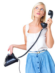 Image showing Secretary, answer and woman thinking on phone call isolated on a white background in a studio. Question, contact and girl with a telephone for communication, discussion and conversation on a backdrop