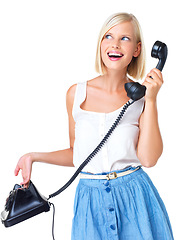 Image showing Woman is happy with telephone call, smile with communication and virtual chat isolated on white background. Happiness, retro technology and young female face with mockup space, vintage and connection