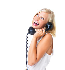 Image showing Woman with smile, telephone call and happiness with communication and virtual chat isolated on white background. Happy, retro technology and young female face, mockup space, vintage and connection