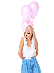 Image showing Pink balloons, portrait of a woman in a studio for valentines day, birthday or anniversary celebration. Happiness, celebrate and female model with party decorations isolated by a white background.