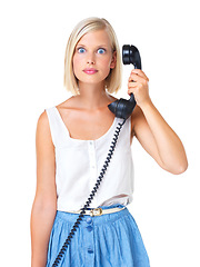 Image showing Woman, telephone call and surprise in portrait, shocked facial expression with communication isolated on white background. Wow, retro technology and young female with omg face, vintage and connection