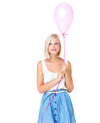 Image showing Balloon, young woman and white background studio thinking about valentines day present. Idea, mock up and smile of a model with casual fashion with balloons for a party as a gift feeling calm