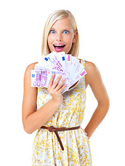 Image showing Rich, happy and woman prize winner surprised, excited and wow isolated against a studio white background. Money, euro and portrait of wealthy female with lottery cash for financial freedom