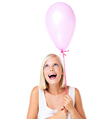 Image showing Balloon, excited and happy woman looking up for birthday or valentines day present in studio. Isolated, white background and cute model with happiness face and joy thinking with smile for party