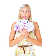 Image showing Shocked, money and woman prize winner surprised, excited and wow isolated against a studio white background. Rich, euro and portrait of wealthy female with lottery cash for financial freedom