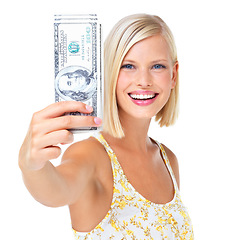 Image showing Woman in portrait, smile with cash in hand, finance and dollars with happy rich female isolated on white background. Wealth, money and success, lottery winner or salary in studio with financial win