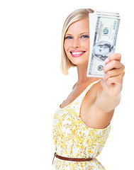 Image showing Woman is happy in portrait, smile with cash in hand, finance and dollars with rich female isolated on white background. Wealth, money and success, lottery winner or salary in studio with mockup space