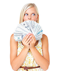 Image showing Woman with cash, dollar fan and saving with investment profit or finance loan credit isolated on white background. Money, budget and economic success with financial freedom or bonus payment in studio