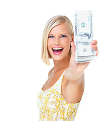 Image showing Woman, wow in portrait with smile and cash in hand, finance and dollars with happy rich female isolated on white background. Wealth, money and success, lottery winner in studio with mockup space