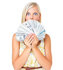 Image showing Wow, woman with money and dollars in portrait of investment profit or finance loan credit isolated on white background. Cash, budget and success shock in financial freedom or bonus payment in studio.