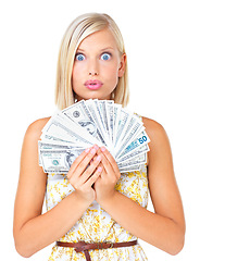 Image showing Wow, portrait of woman dollar fan and saving on investment profit or finance loan credit isolated on white background. Cash, budget and money shock in financial freedom or bonus payment in studio.