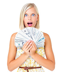 Image showing Wow, happy and woman cash prize winner surprised, shocked and excited isolated against a studio white background. Rich, euro and portrait of wealthy female with lottery money for financial freedom