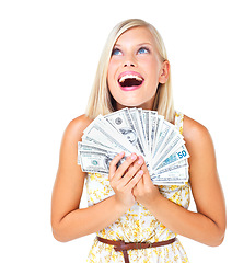 Image showing Winner, money and surprise of woman with dollars in studio isolated on a white background. Winning, wow and happy female model thinking of cash, profit and success after lottery, prize or investment.