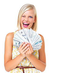 Image showing Wink, money and woman cash winner surprised, wow and excited isolated against a studio white background. Rich, euro and portrait of wealthy female with lottery winning for financial freedom