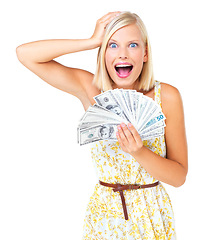 Image showing Shocked, surprised and woman cash prize winner happy, wow and excited isolated against a studio white background. Rich, euro and portrait of wealthy female with lottery for financial freedom