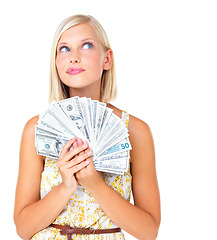 Image showing Budget, portrait of woman with dollars thinking and planning shopping or investment with finance loan isolated on white background. Cash and money for financial freedom or bonus in studio.