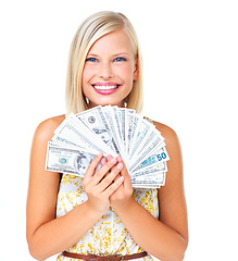 Image showing Pay day. Happy, money and woman with cash prize wow, excited and smiling isolated against a studio white background. Rich, dollar and portrait of wealthy female with lottery for financial freedom.