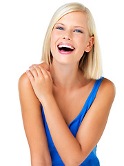 Image showing Laughing, woman smile and portrait of a person from Switzerland with happiness in studio. Isolated, white background and casual fashion of a female model feeling happy, excited and positive alone