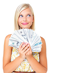 Image showing Budget, deal and woman with dollars thinking and planning shopping or finance loan investment isolated on white background. Cash, discount and smile, money for financial freedom or bonus in studio.