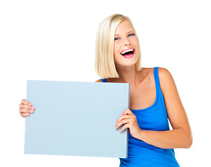 Image showing Mockup, happy and deal for woman with a poster advertising, marketing and billboard for sale, logo or giveaway. Portrait of a female showing brand on a board isolated in a studio white background