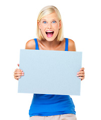 Image showing Mockup, shocked and winner or woman with a board advertising, marketing and billboard for sale, deal or giveaway. Portrait of a female showing brand on a poster isolated in a studio white background