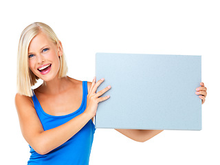 Image showing Mockup, deal and woman with a poster advertising, marketing and billboard for sale, deal or giveaway. Portrait, blonde and female showing brand on a board isolated in a studio white background