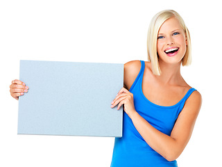 Image showing Portrait, mockup and woman with poster, advertising space and product placement with lady isolated on white studio background. Face, female and girl with paper for communication and business message