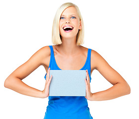 Image showing Sign, paper and woman with poster advertising, marketing and billboard for sale, deal or giveaway. Portrait, mockup and female showing brand on a board isolated in a studio white background