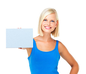 Image showing Mockup, card and woman with paper advertising, marketing and billboard for sale, deal or giveaway. Portrait, branding and female showing brand on a board isolated in a studio white background