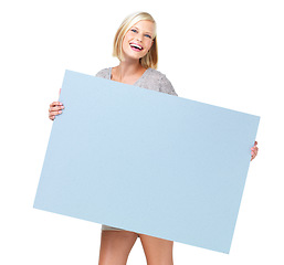 Image showing Mockup, billboard and woman with poster marketing, advertising and branding for sale, deal or giveaway. Portrait, blonde and female showing brand on a board isolated in a studio white background