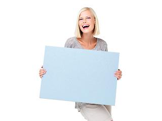 Image showing Mockup, advertising and woman with a poster marketing, news and billboard for sale, deal or giveaway. Portrait, blonde and female showing brand on a board isolated in a studio white background