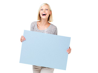 Image showing Board, billboard and woman holding poster advertising, marketing and branding for sale, deal or giveaway. Portrait, blonde and female showing brand on mockup isolated in a studio white background