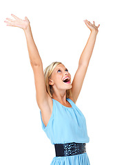 Image showing Isolated, wow and winner with portrait of woman and mockup for celebration, motivation and success. Freedom, happy and goals with girl screaming in white background studio for party, confident or yes