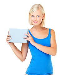 Image showing Product, brand and woman holding box advertising, marketing and carton for sale, deal or giveaway. Portrait, blonde and female showing branding on a package isolated in a studio white background