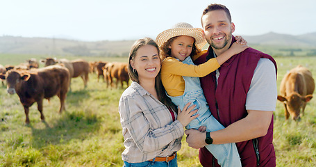 Image showing Mother, father or girl bonding on farm with cows in nature environment, agriculture or countryside sustainability landscape. Portrait, smile or happy farmer family with cattle for meat, dairy or beef