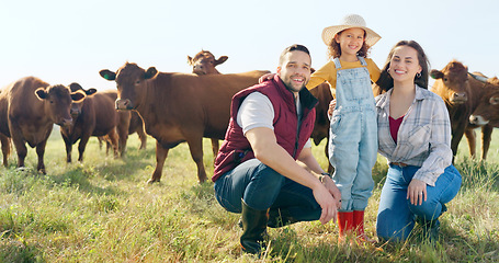 Image showing Farm, portrait and family bonding in nature, looking at animals and learning about livestock. Farming, agriculture and farmer parents bonding with girl on sustainable cattle business, relax and happy