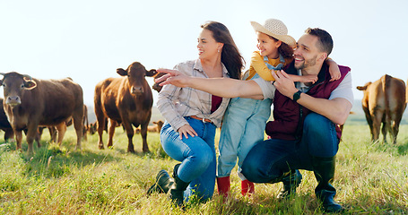 Image showing Farm, cattle and family in sustainable field looking at the view in natural countryside. Livestock, sustainability and happy parents with girl child enjoying a agro, agriculture and green environment