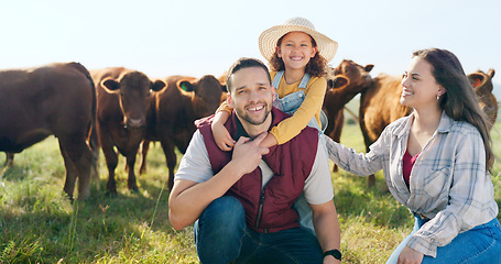 Image showing Agriculture, cattle and family with love for sustainability, animal farming and agro business owner lifestyle with grass field. Countryside father, mother and child with cows for beef, meat industry