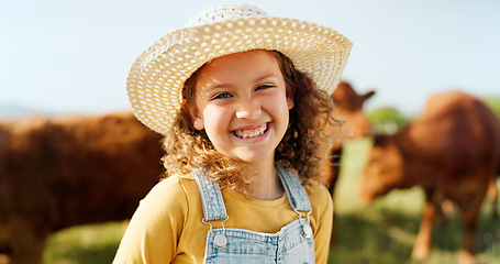 Image showing Happy little girl, portrait smile and farm with animals enjoying travel and nature in the countryside. Child smiling in happiness for agriculture, life and sustainability in farming and cattle