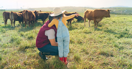 Image showing Countryside farm, farmer man and child bonding in nature, talking and relax conversation about livestock sustainability. Love, family and enjoy learning agriculture cattle farming lifestyle together