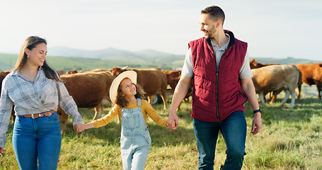 Image showing Farmer family, cow farm and field walk with girl and parents bonding in nature, enjoying conversation and relaxing. Agriculture, sustainable business and happy family having fun in the countryside