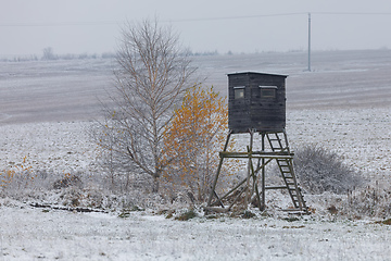 Image showing Wooden hunting tower in forest