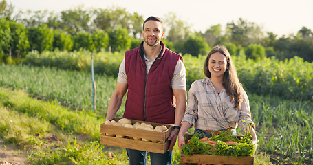 Image showing Vegetables box, agriculture and farmer couple portrait in countryside lifestyle, food market production and supply chain. Agro business owner people, seller or supplier with green product harvest