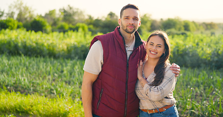 Image showing Agriculture, farm and portrait of eco friendly couple standing in sustainable, green and agro field. Sustainability, farming and happy woman and man on outdoor eco adventure together in countryside.